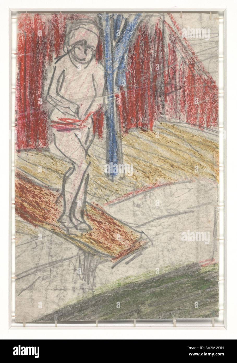 'Figure on Diving Board' d'Ernst Ludwig Kirchner présente une figure dynamique prête à l'action. Les lignes anguleuses et nettes et le fort contraste entre la lumière et l’obscurité créent une sensation de mouvement, reflétant l’accent mis par Kirchner sur les figures humaines en mouvement et l’énergie émotionnelle dans les postures physiques. Banque D'Images