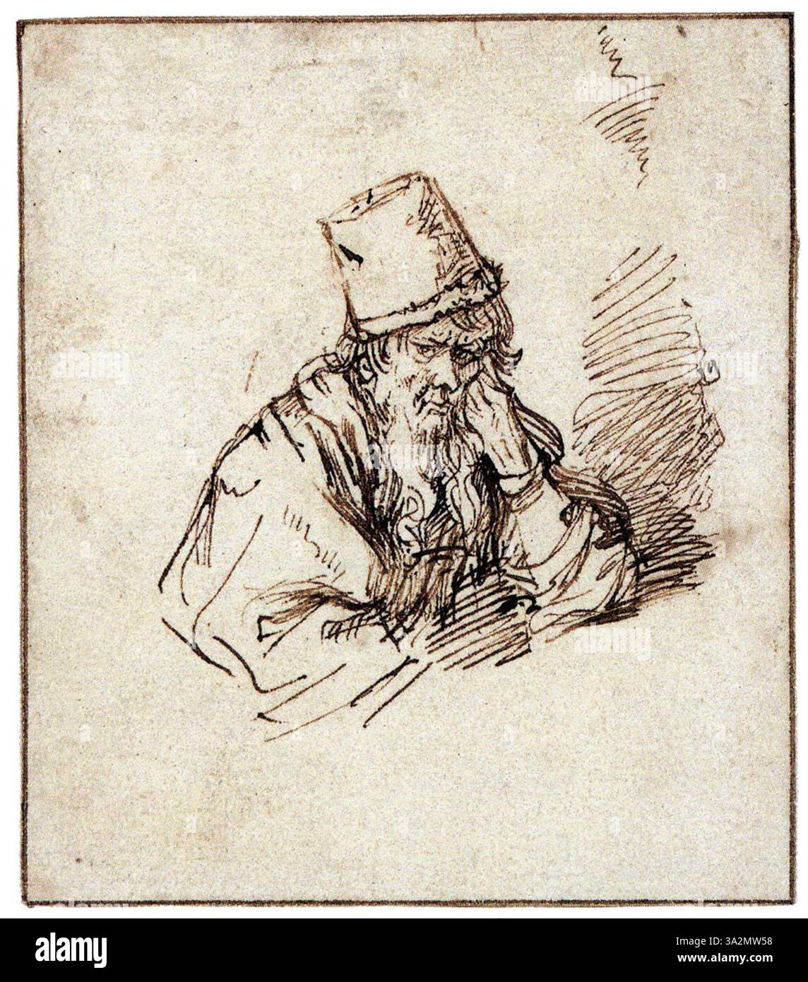 Cette œuvre représente un aîné barbu, peut-être une figure biblique, rendu selon la technique caractéristique du chiaroscuro de Rembrandt. L’utilisation de la lumière et de l’ombre accentue les traits du visage et l’expression du sujet. Banque D'Images