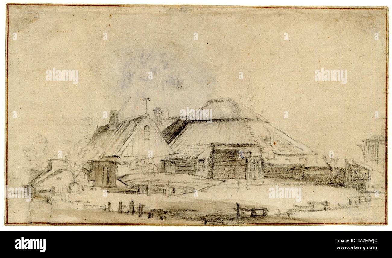 Dans cette gravure, Rembrandt représente un cottage pittoresque avec des bâtiments supplémentaires et un bateau renversé près d'un canal. Les détails complexes de la scène reflètent un cadre rural paisible. Banque D'Images