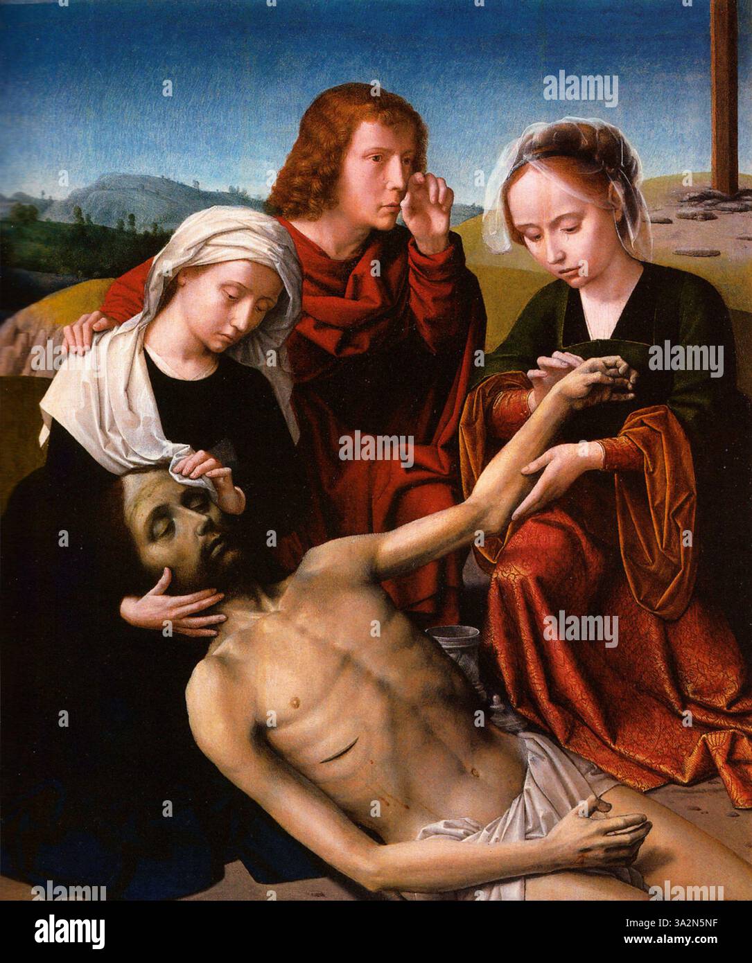 « The Lamentation » de Gerard David dépeint la scène tristement douloureuse du corps du Christ endeuillé par la Vierge Marie, Jean et d'autres figures, mettant l'accent sur le chagrin et la révérence religieuse. Banque D'Images