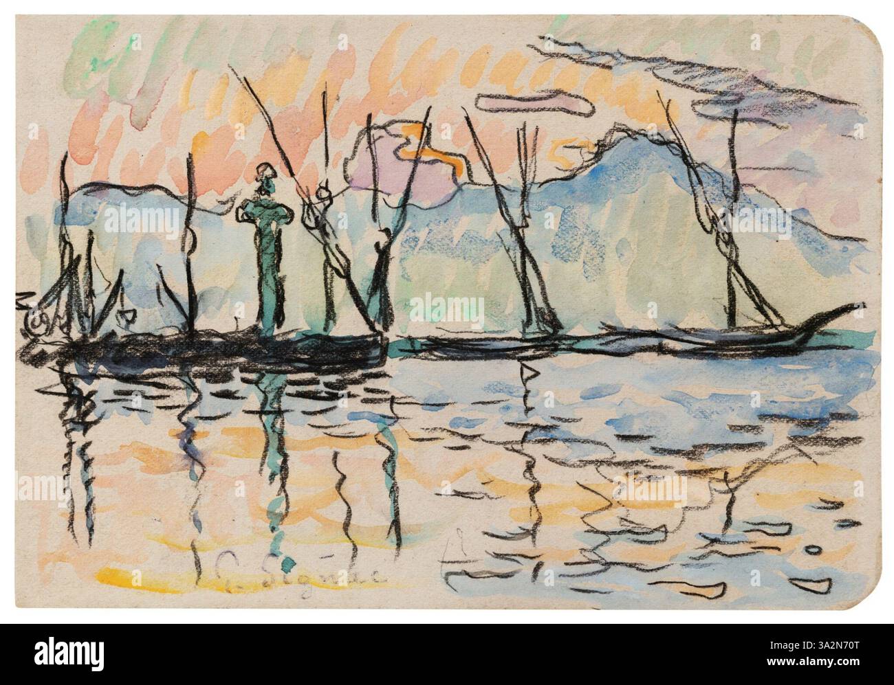 Ce tableau montre le phare de Saint-Tropez, avec le port et les bateaux en arrière-plan. La technique pointilliste de Signac met en valeur la lumière et les couleurs de la scène côtière. Banque D'Images