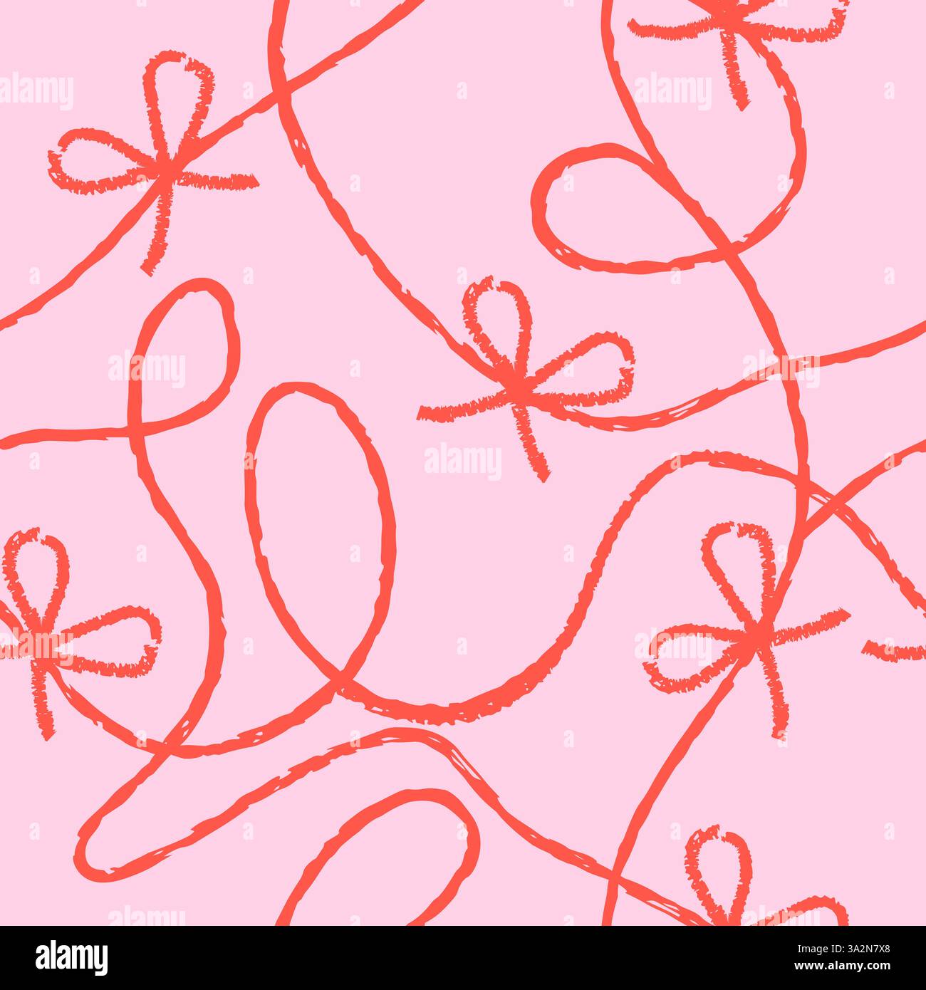 Motif sans couture de couleurs roses et rouges avec boucles ruban d'arc cadeau. Crayon vectoriel ou craie fond dessiné à la main avec de la corde. Imprimé textile élégant Illustration de Vecteur