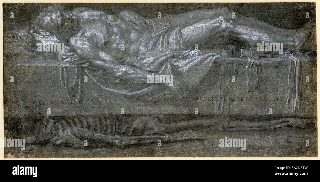 Cette étude de Véronèse représente un Christ mort allongé sur un bloc avec une inscription latine, accompagné d'un squelette sous lui. La composition explore les thèmes de la mortalité et de la transitoires de la vie, typiques des religieux de la Renaissance Banque D'Images