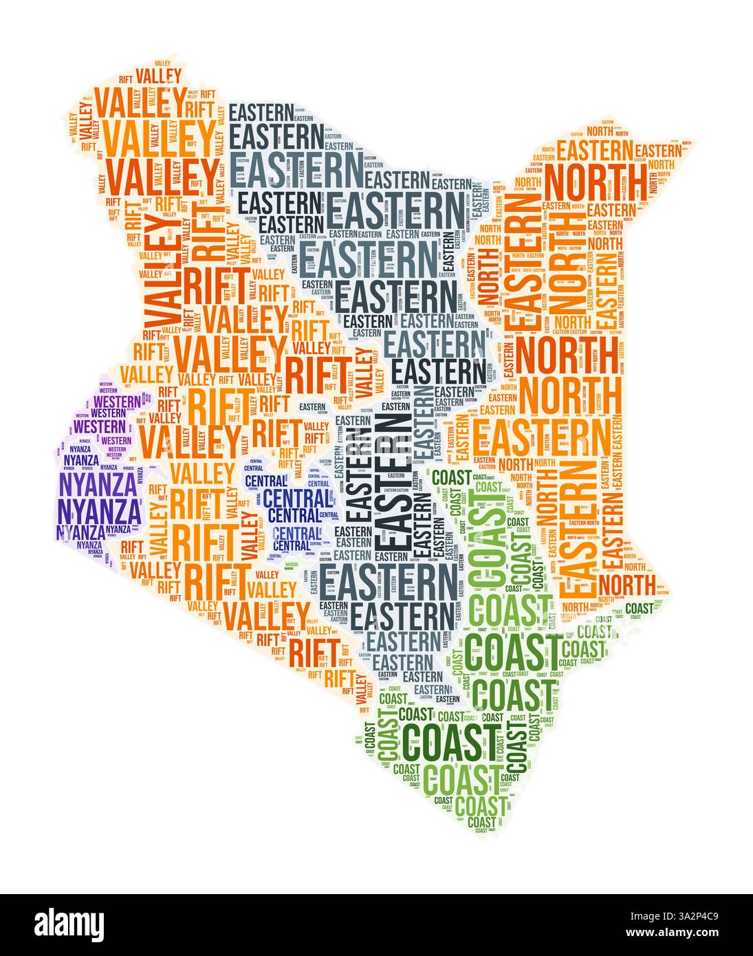 Nuage de mots de la région du Kenya. Forme campagnarde. Illustration couleur Kenya. Nuage de collage de noms de région. Illustration vectorielle. Illustration de Vecteur