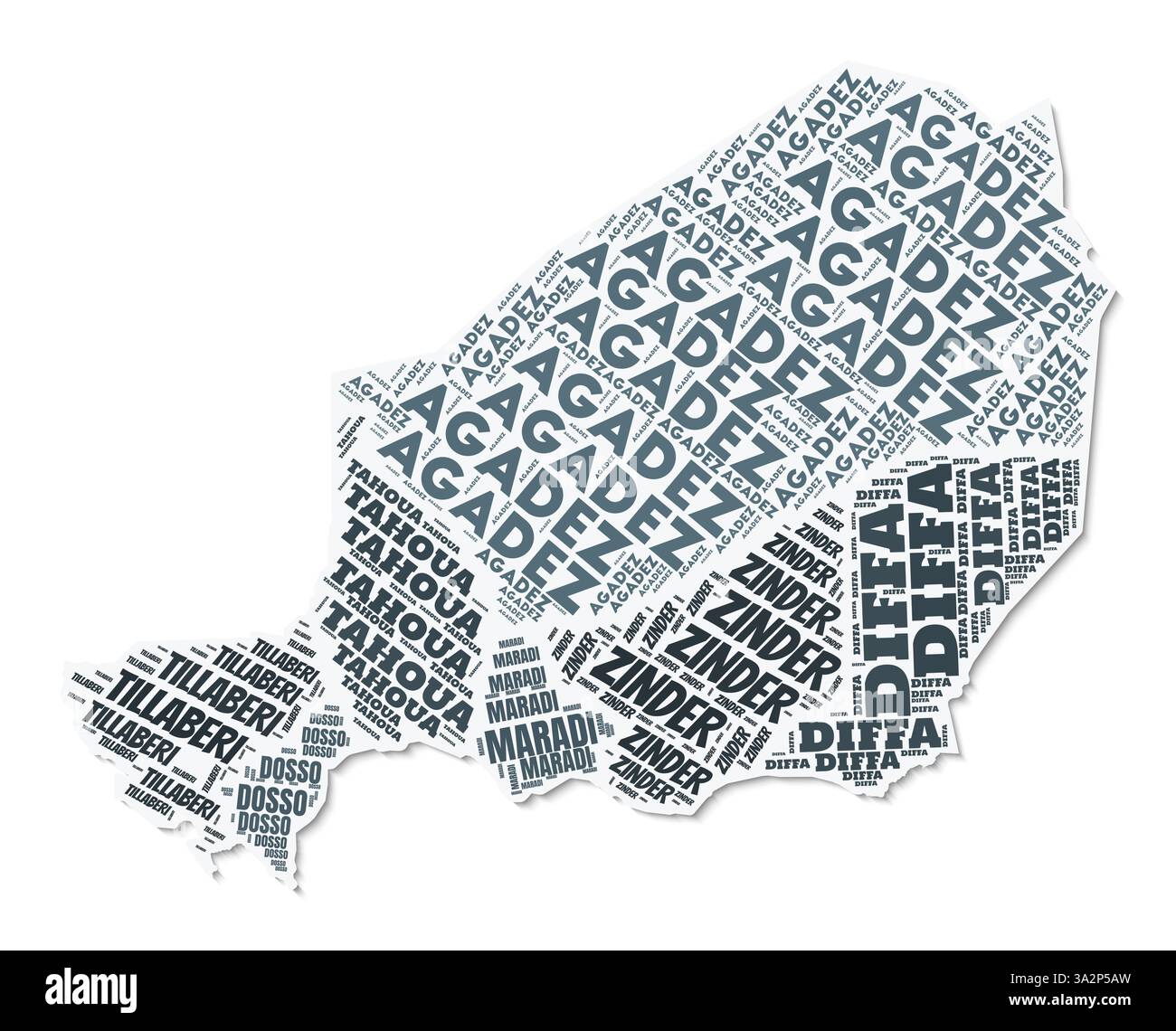 Nuage de texte de forme Niger. Frontière de pays avec ombre sur fond blanc. Niger avec division des régions dans le style vintage gazette. Illustration de Vecteur