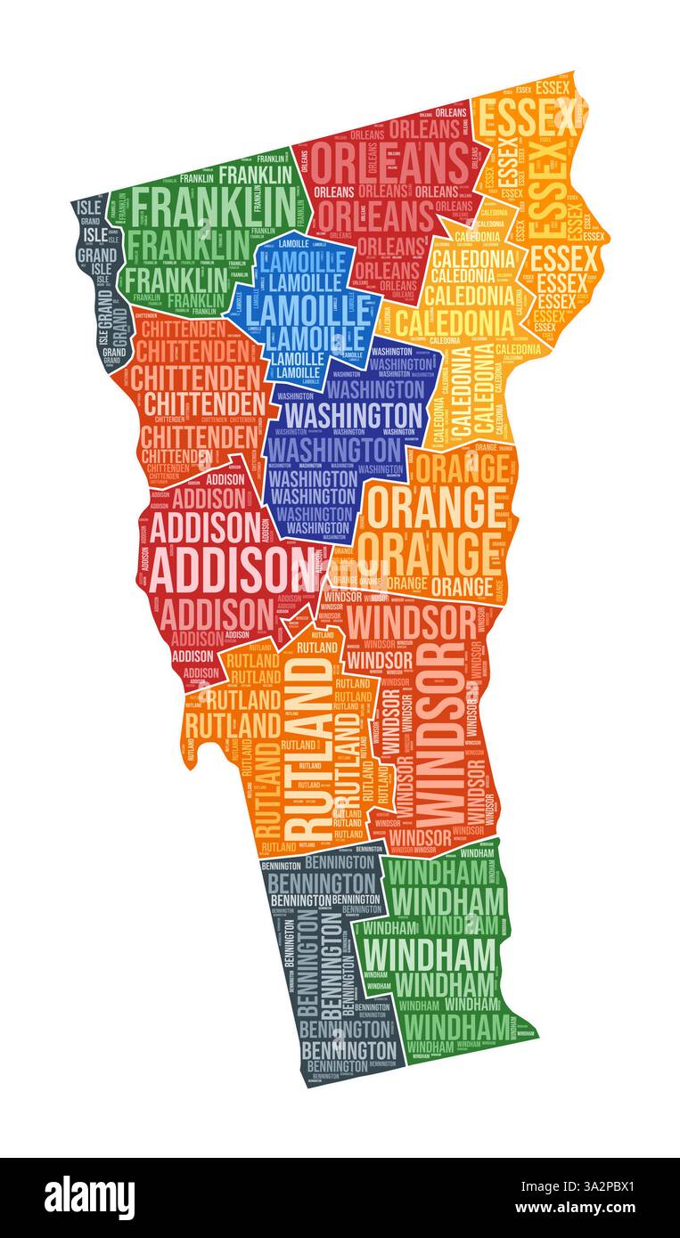 Forme Vermont. Indiquez le nuage de mots avec la division du comté. Illustration colorée Vermont. Nuage de noms de comté. Illustration vectorielle. Illustration de Vecteur