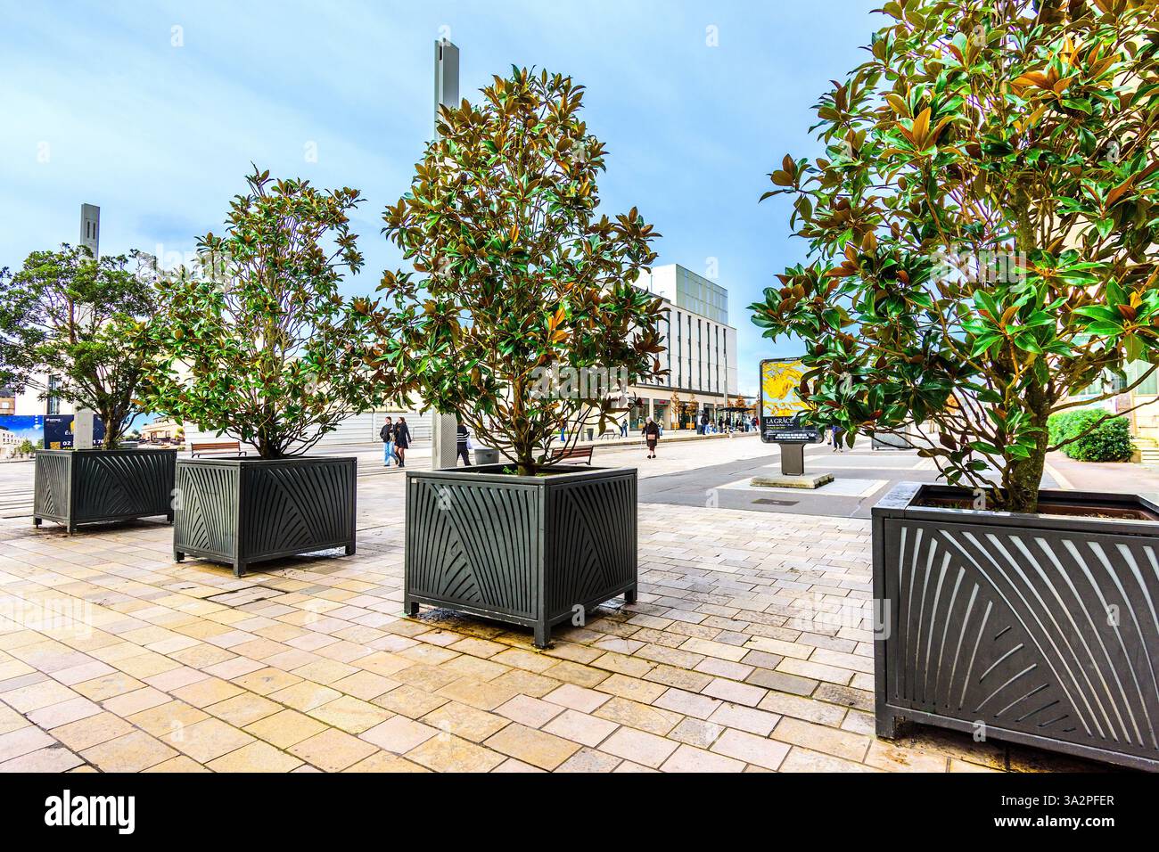 Ligne de grandes jardinières modernes sur l'artère principale de Tours, Indre-et-Loire (37), France. Banque D'Images