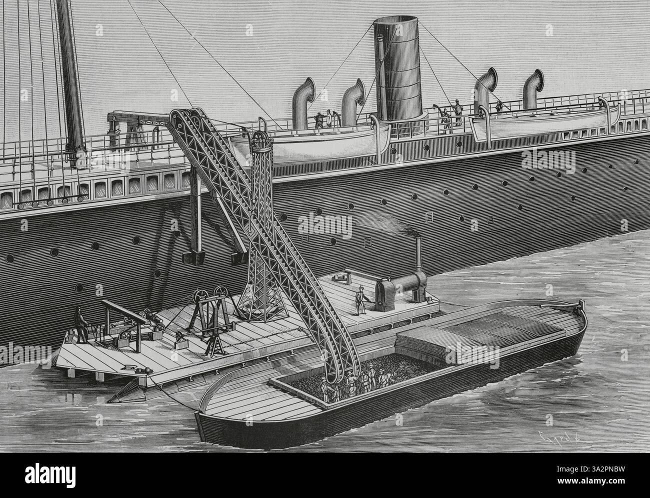 Élévateur à charbon flottant. Conçu et construit par James Rigg, un ingénieur britannique de Chester. Il se compose d'une large plate-forme sur deux cylindres flottants, qui supporte une machine à vapeur qui génère le mouvement nécessaire aux chaînes et poulies. Au centre, une tour sert de régulateur et de balance mécanique. L'ascenseur s'étend du pont du navire au ponton au moyen de la tour précitée. Des godets mobiles, entraînés par la machine à vapeur, ramassent la cargaison du ponton et la jettent, après avoir été pesée automatiquement, dans les compartiments à charbon ou les entrepôts du navire. ENM Banque D'Images