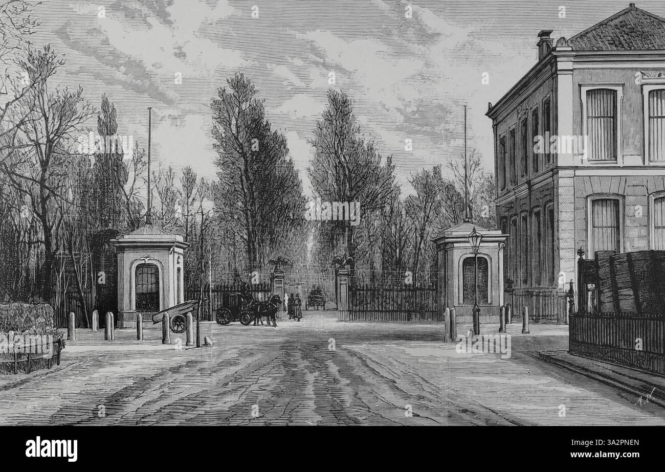 Amsterdam, pays-Bas. Entrée au zoo, fondé en 1838 par Gerard Westerman, J.W.H. Werlemann et J.J. Wijsmuller. Gravure. La Ilustración Española y Americana (illustration espagnole et américaine), 1883. Banque D'Images