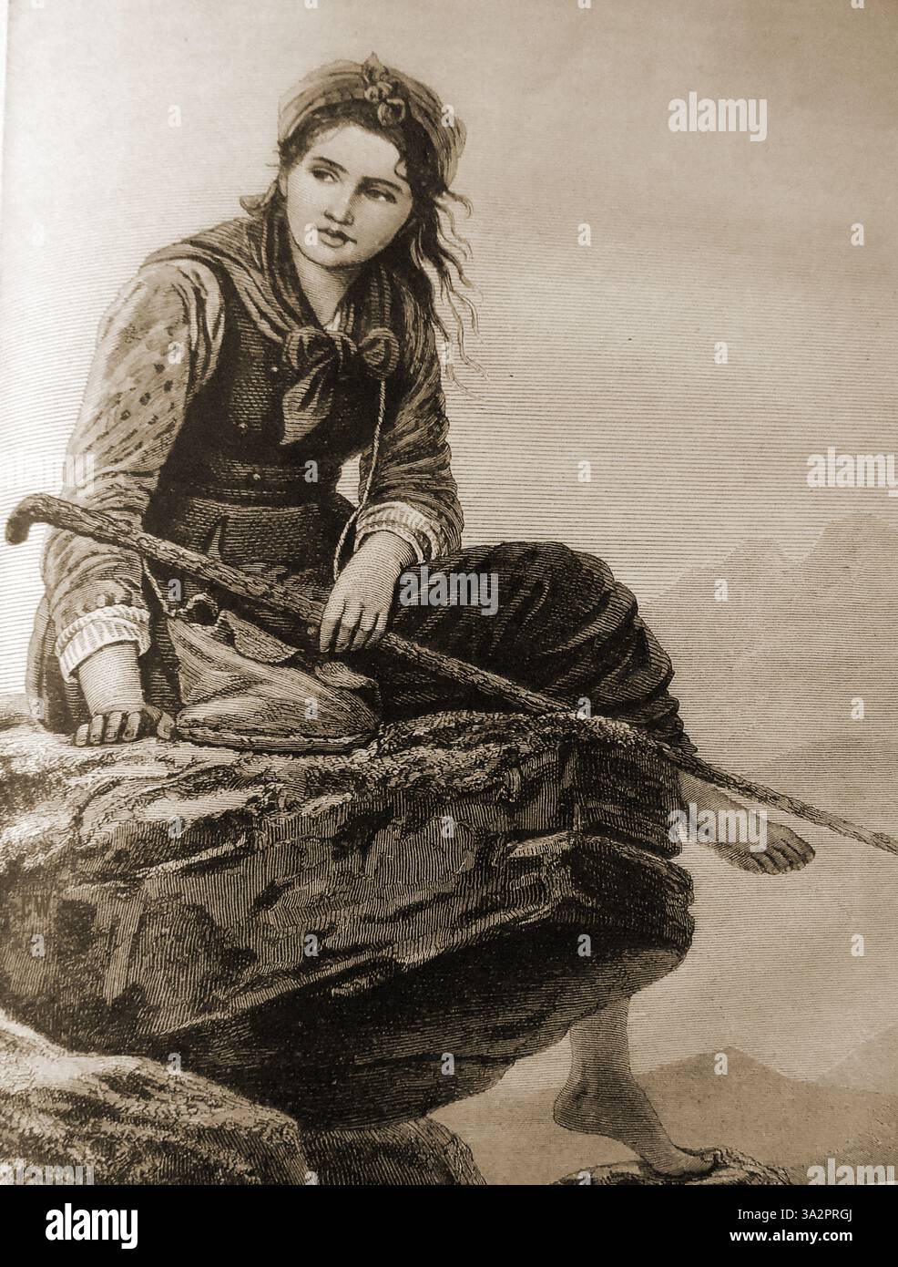 Gravure victorienne montrant une bergère norvégienne typique. -En viktoriansk gravering som viser en typisk norsk gjeterinne. Banque D'Images