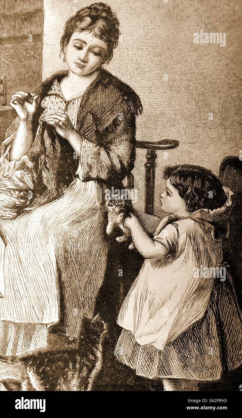 Gravure victorienne montrant une scène domestique britannique typique (mère enfant et chat et chaton) Banque D'Images