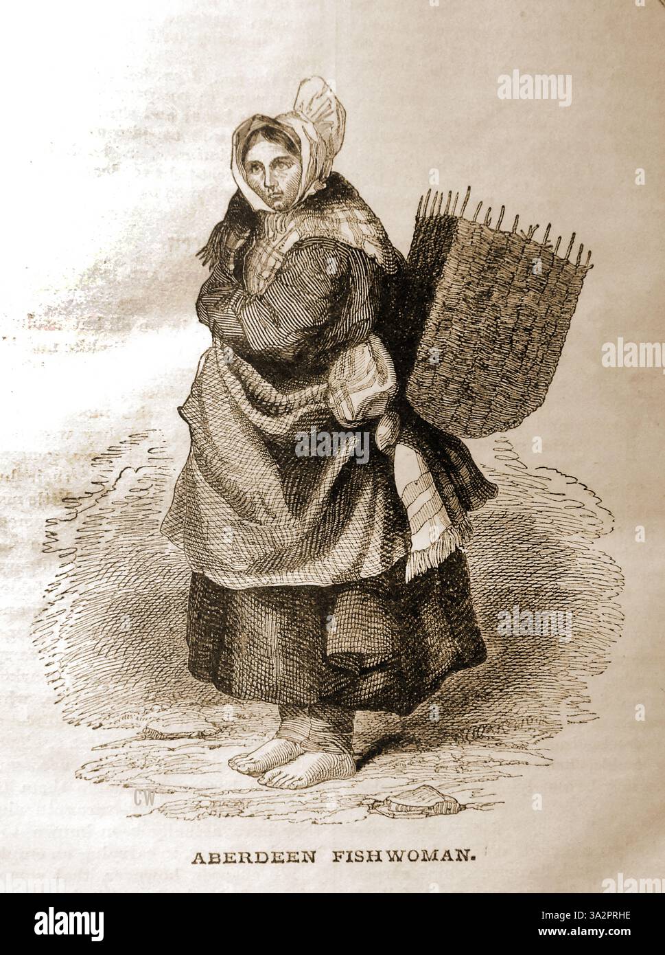 Une gravure victorienne montrant un vendeur de poisson écossais typique / femme de poisson à Aberdeen, en Écosse Banque D'Images