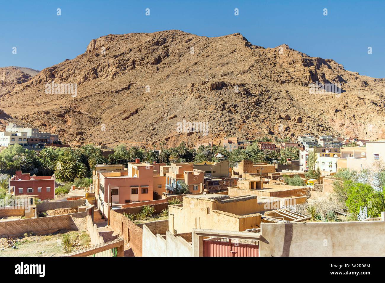 Vue paysage de montagnes de l'Atlas et l'oasis autour d'Douar ait Boujane village de Gorges de Todra à Tinghir, Maroc Banque D'Images