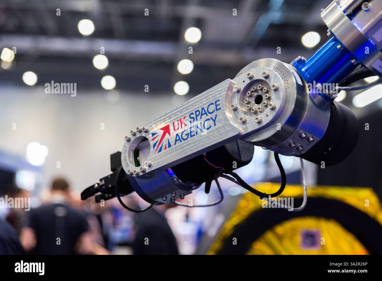 Bras robotisé de l'Agence spatiale britannique exposé à Space-Comm Expo à Excel Londres, Royaume-Uni Banque D'Images