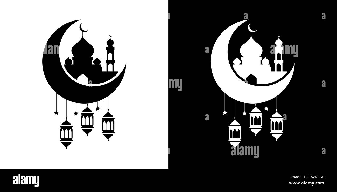 Design culturel de l'Eid Moubarak avec Mosquée et silhouette du croissant de lune Illustration de Vecteur