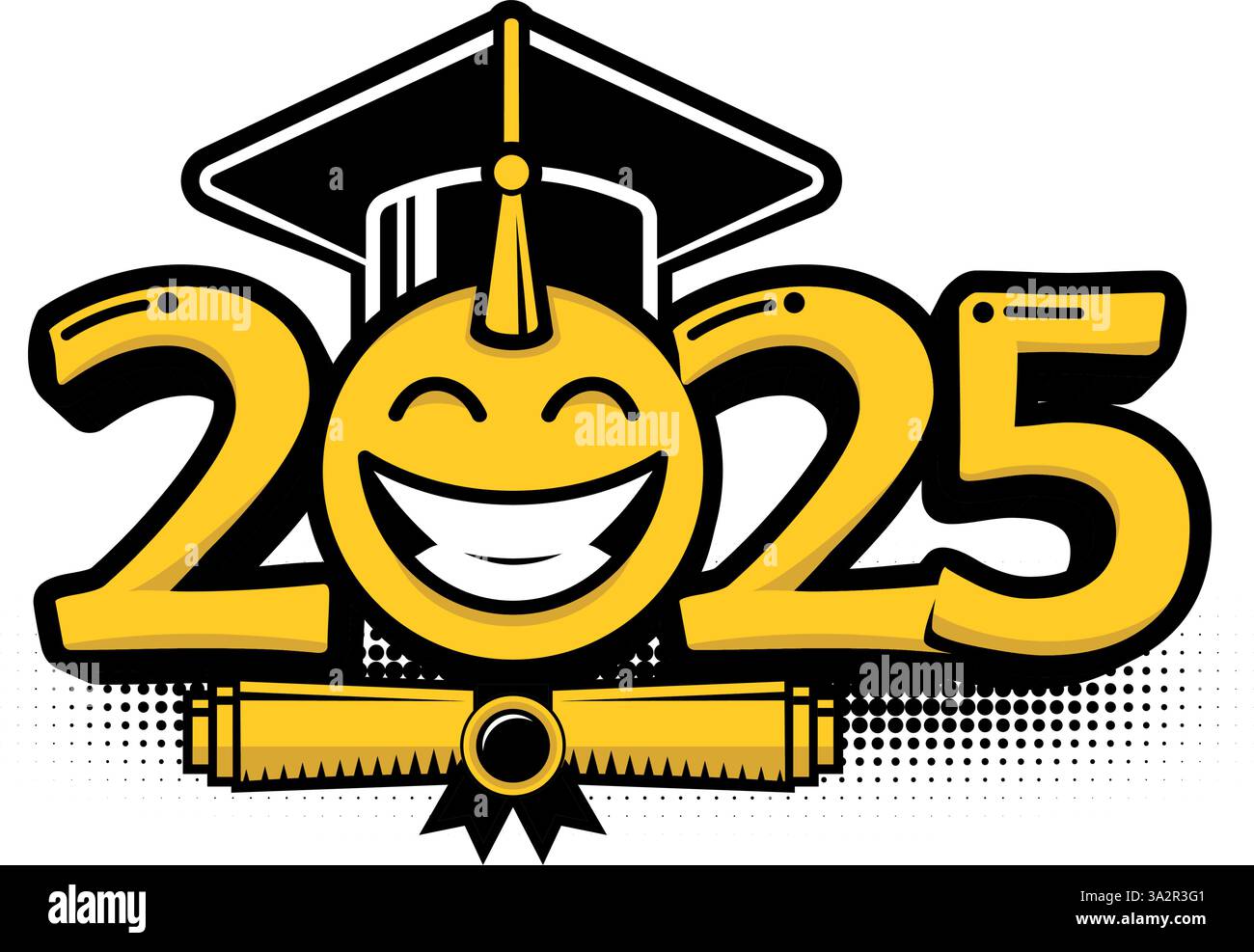 Classe de graduation de 2025. Émoticone sourire dans la casquette de remise des diplômes. Modèle pour les voeux, carte d'invitation fête de graduation. Vecteur sur fond transparent Illustration de Vecteur