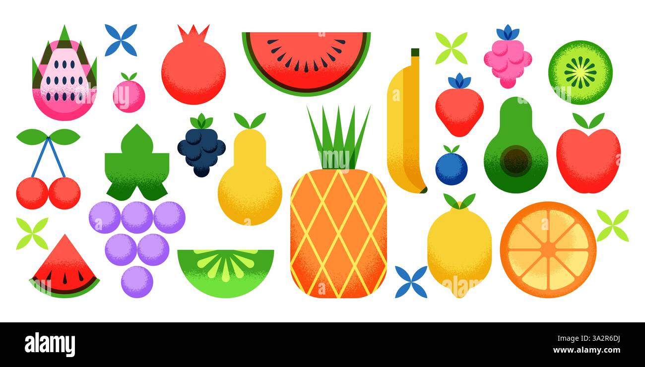 Illustration géométrique plate de vecteur de fruits tropicaux et de baies. Éléments de conception alimentaire isolés sur fond blanc. Ananas, pastèque, raisin, avoca Illustration de Vecteur