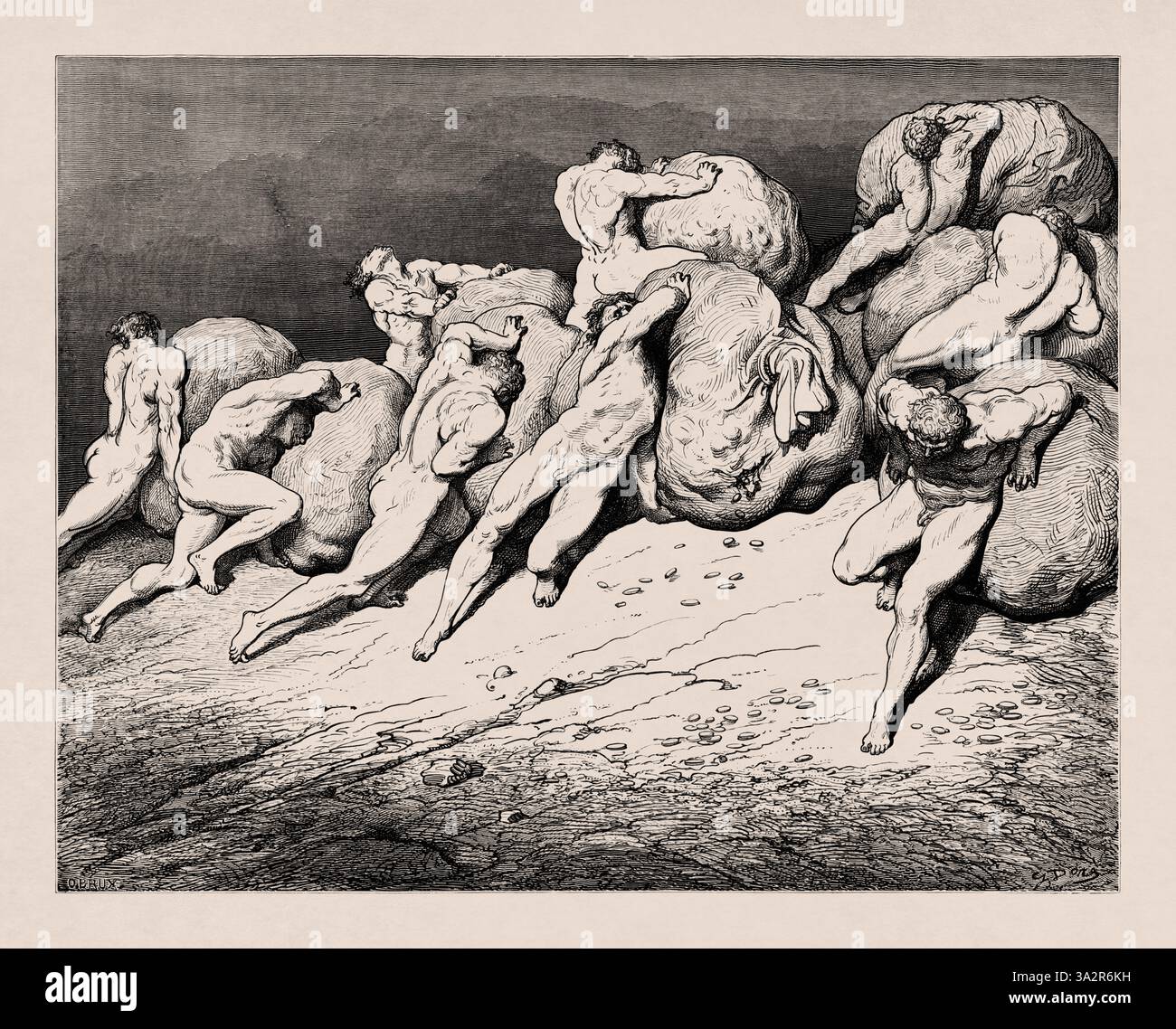 Gravure représentant les planeurs et les gaspilleurs réalisée en 1857 par Gustave Doré pour illustrer une nouvelle édition des poèmes épiques de Dante Alighieri original Banque D'Images