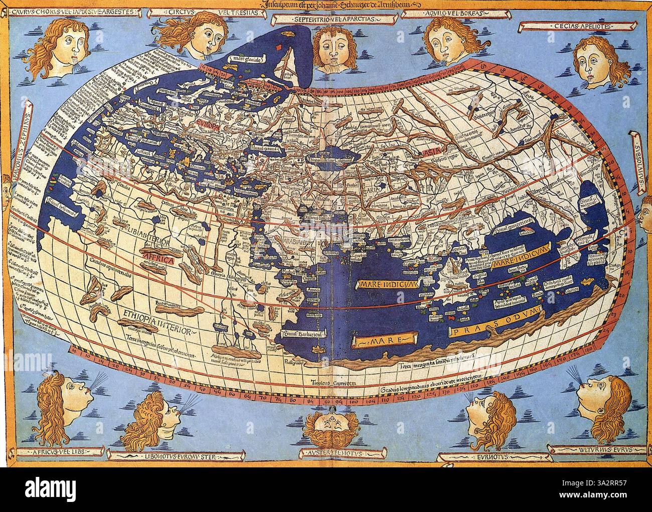 MONDE MÉDIÉVAL - Une carte de 1482 gravée par Johannes Schmidt montrant les limites du monde connu Banque D'Images