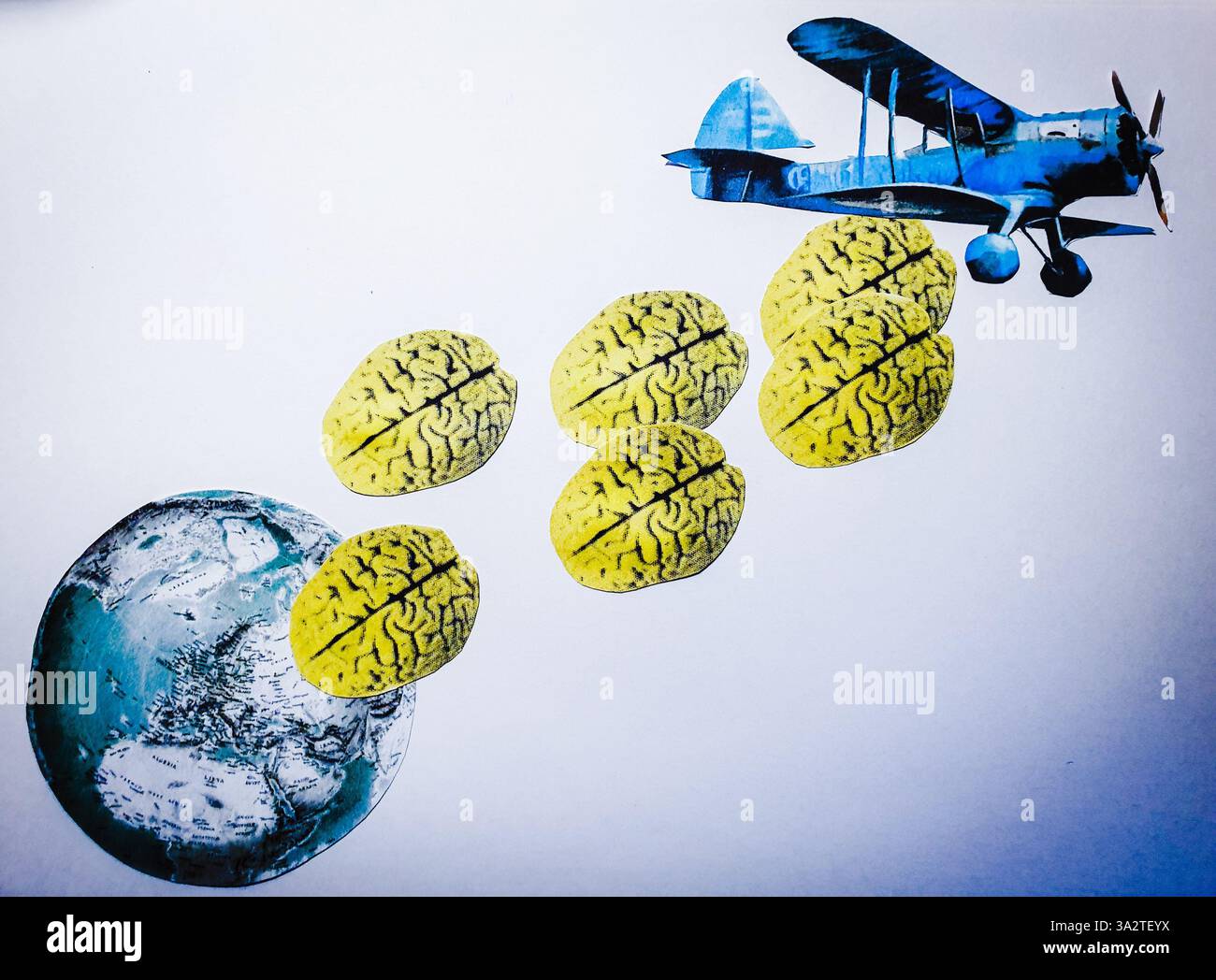 Art conceptuel de collage d'un avion bleu laissant tomber des cerveaux sur la planète terre Banque D'Images