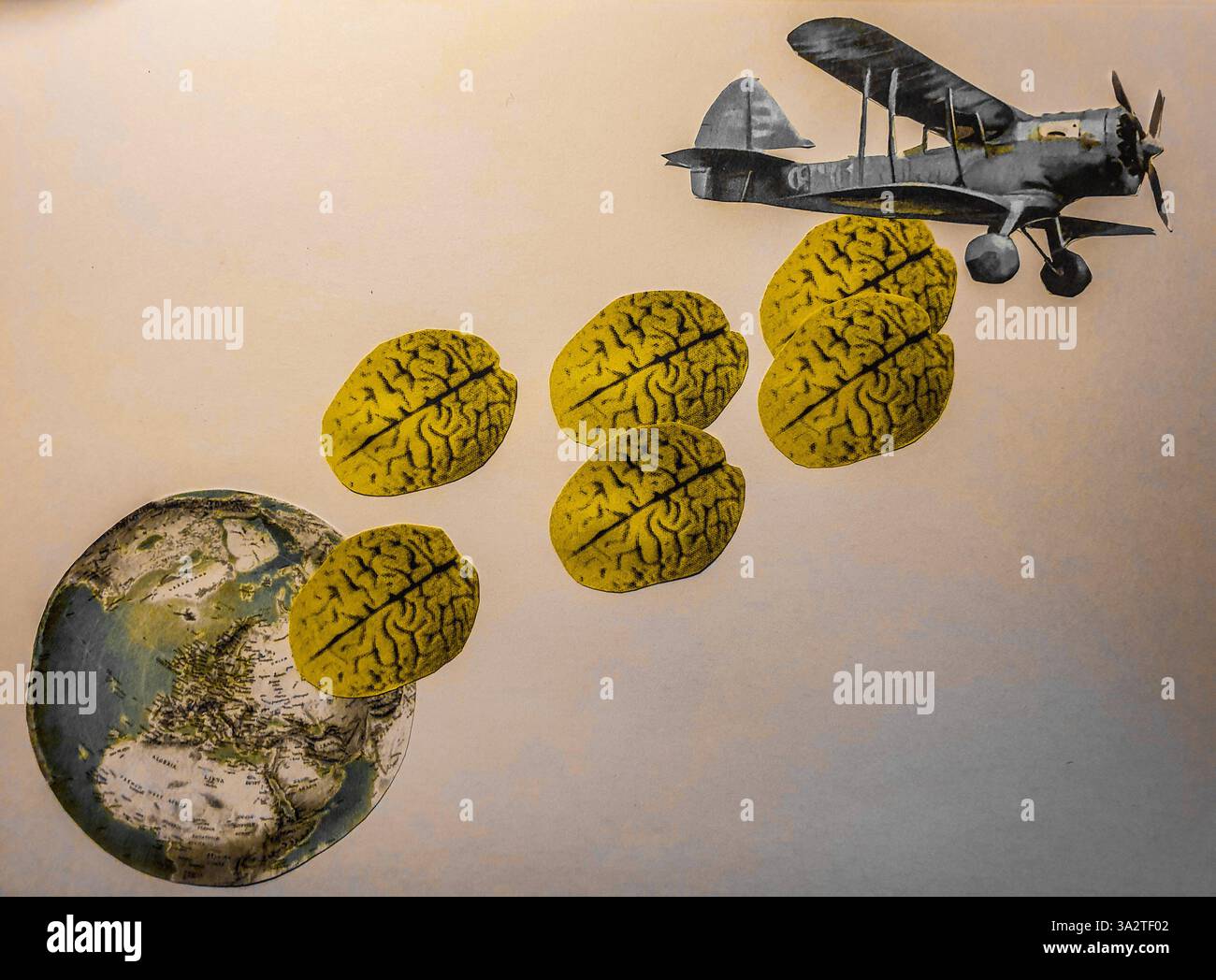 Art conceptuel de collage d'un avion bleu laissant tomber des cerveaux sur la planète terre Banque D'Images