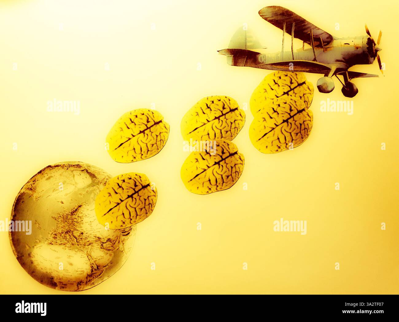 Art conceptuel de collage d'un avion bleu laissant tomber des cerveaux sur la planète terre Banque D'Images