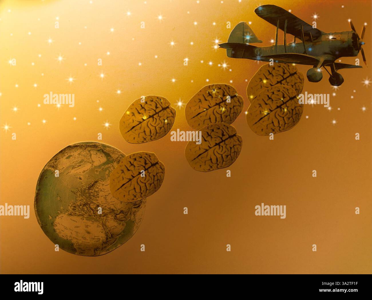 Art conceptuel de collage d'un avion bleu laissant tomber des cerveaux sur la planète terre Banque D'Images