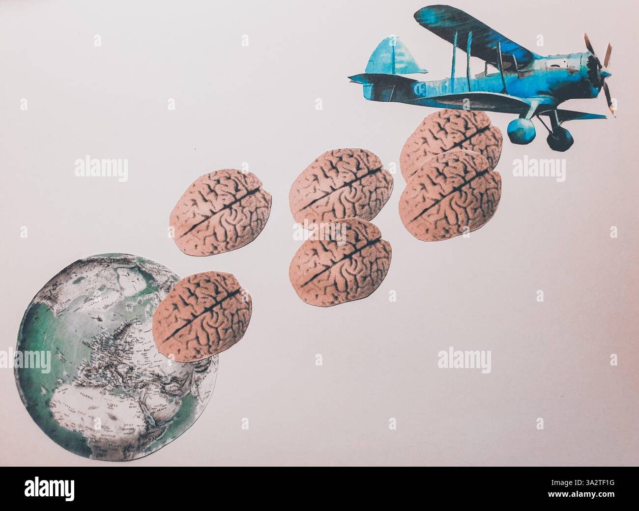 Art conceptuel de collage d'un avion bleu laissant tomber des cerveaux sur la planète terre Banque D'Images
