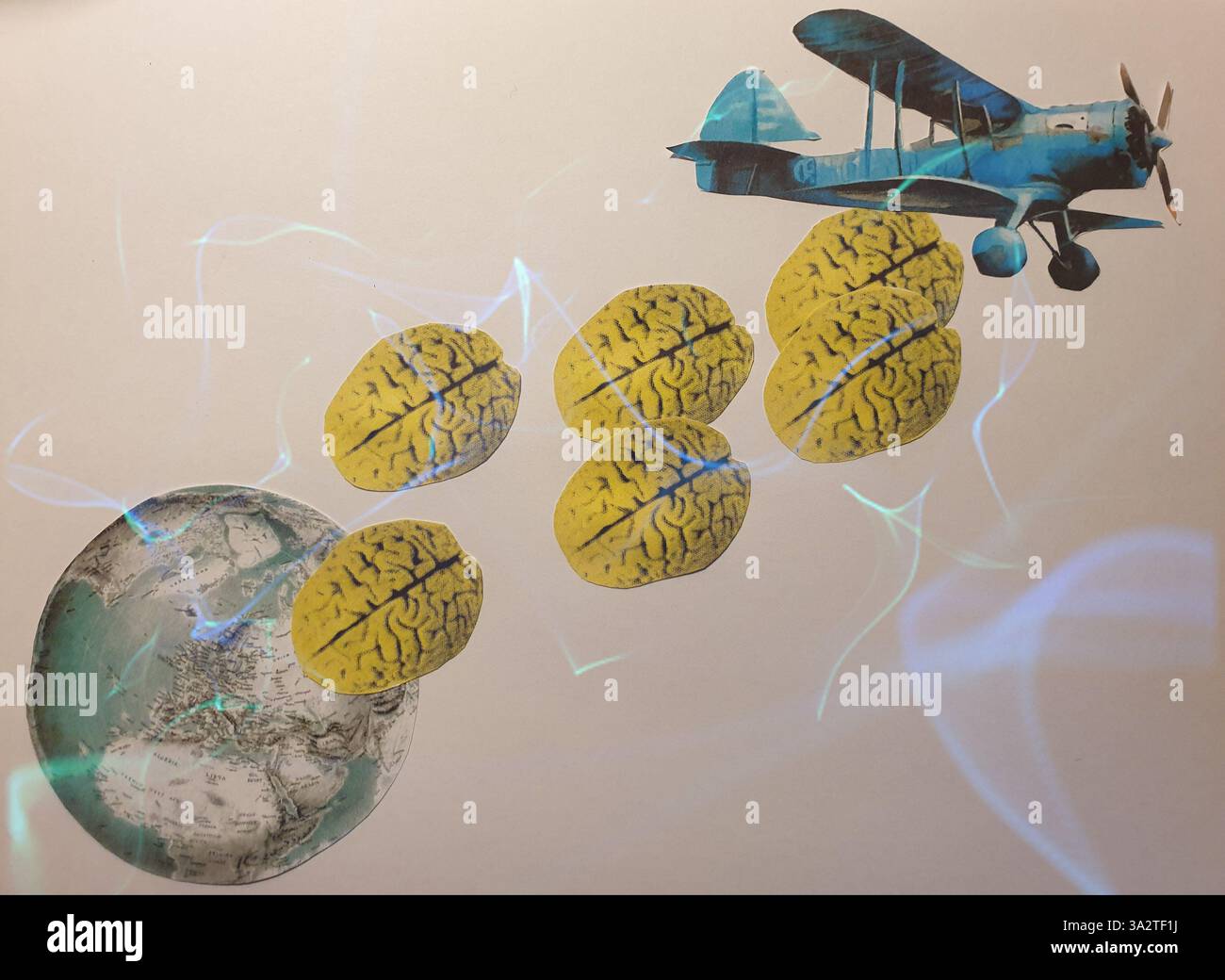 Art conceptuel de collage d'un avion bleu laissant tomber des cerveaux sur la planète terre Banque D'Images