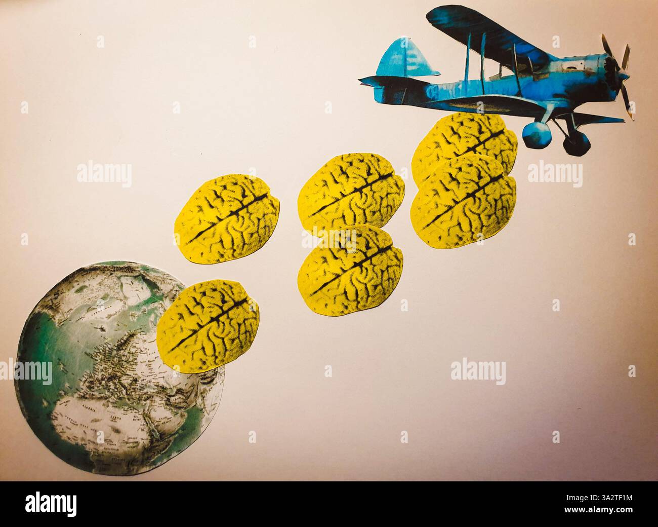 Art conceptuel de collage d'un avion bleu laissant tomber des cerveaux sur la planète terre Banque D'Images
