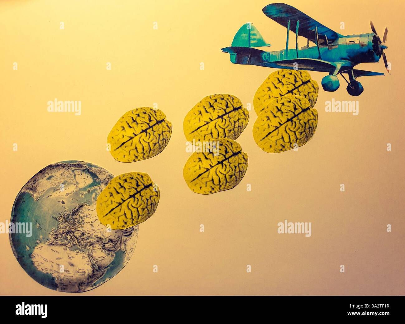 Art conceptuel de collage d'un avion bleu laissant tomber des cerveaux sur la planète terre Banque D'Images