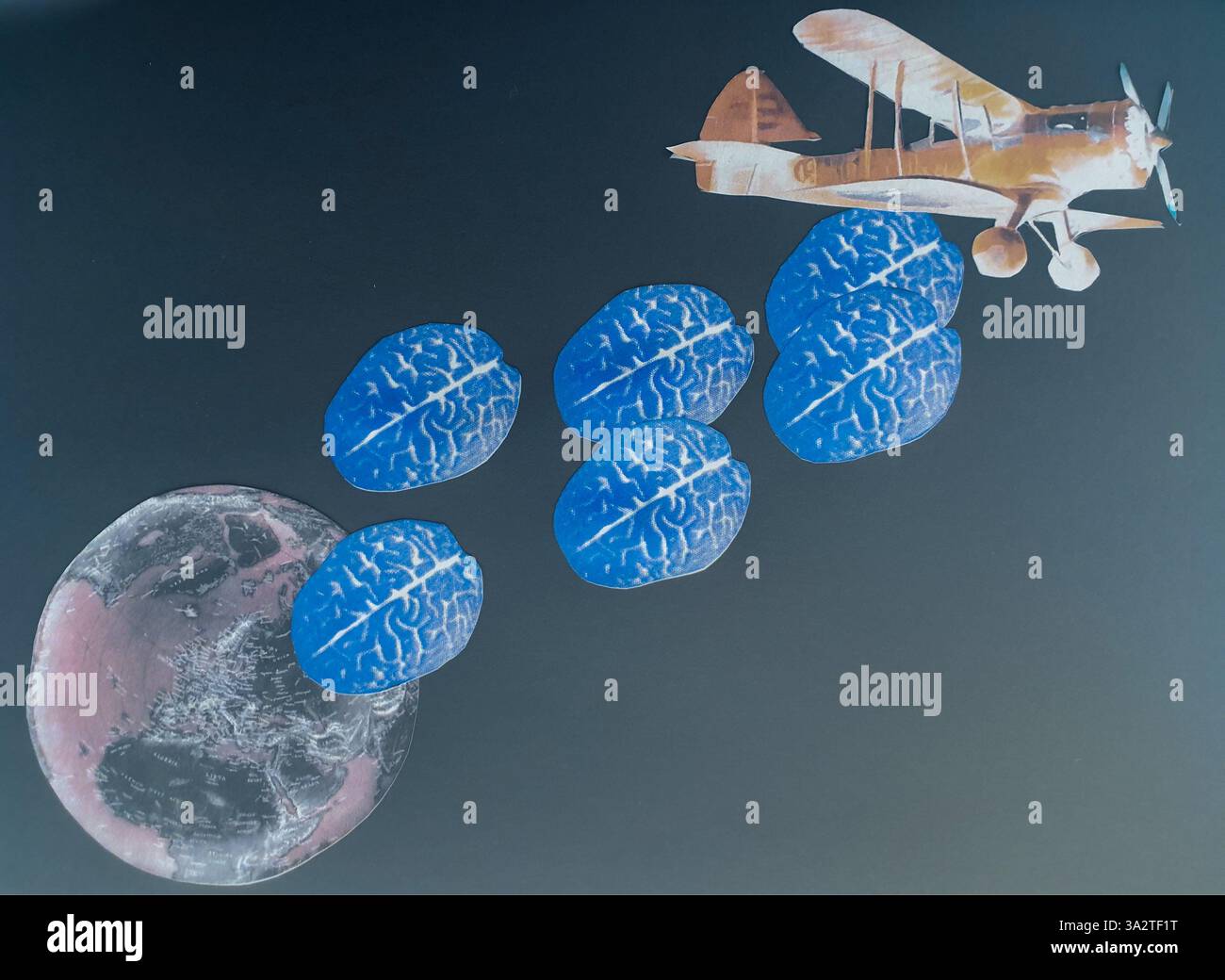 Art conceptuel de collage d'un avion bleu laissant tomber des cerveaux sur la planète terre Banque D'Images