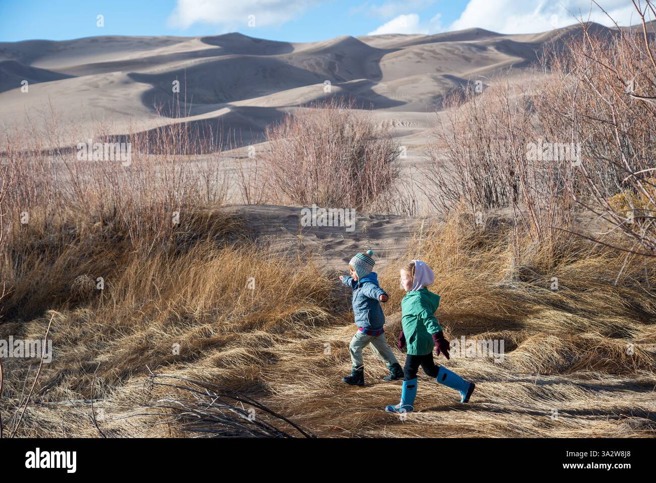 Deux enfants jouant dans l'herbe avec les Great Sand Dunes roulant en arrière-plan. Parc national de Great Sand Dunes, Colorado. Banque D'Images