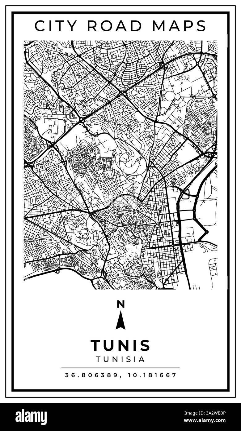 Carte routière imprimable en noir et blanc de Tunis ville Tunisie conception d'affiche de bannière avec emplacement de position coordonnée, illustration vectorielle Illustration de Vecteur