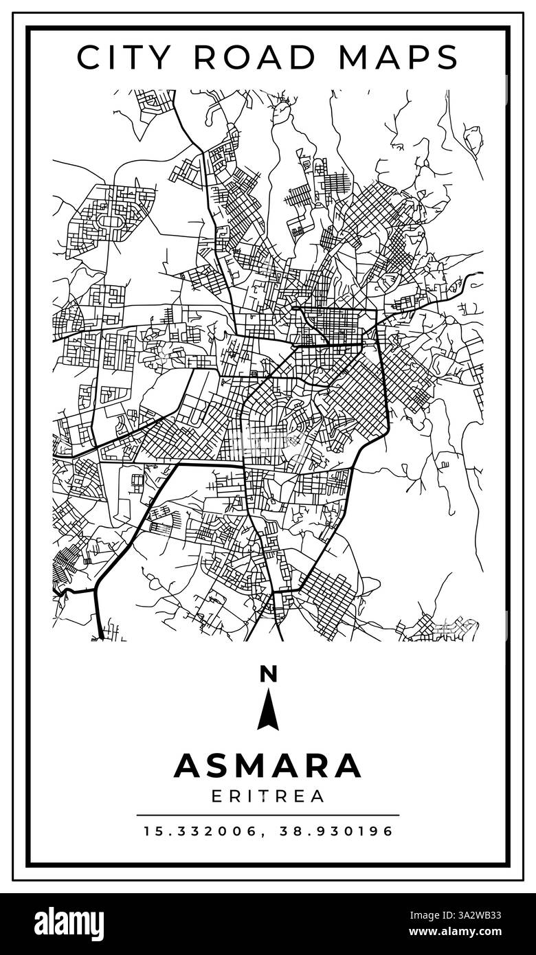 Carte routière imprimable en noir et blanc de la conception d'affiche de bannière de la ville d'Asmara Érythrée avec emplacement de position de coordonnées, illustration vectorielle Illustration de Vecteur