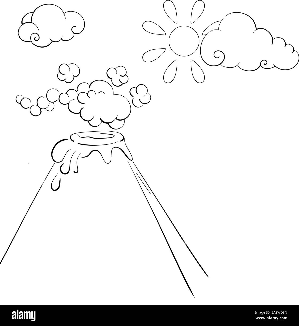 Volcan noir vecteur, soleil et nuages dans le style de bande dessinée. Contexte période jurassique. Silhouette pour circuit Illustration de Vecteur