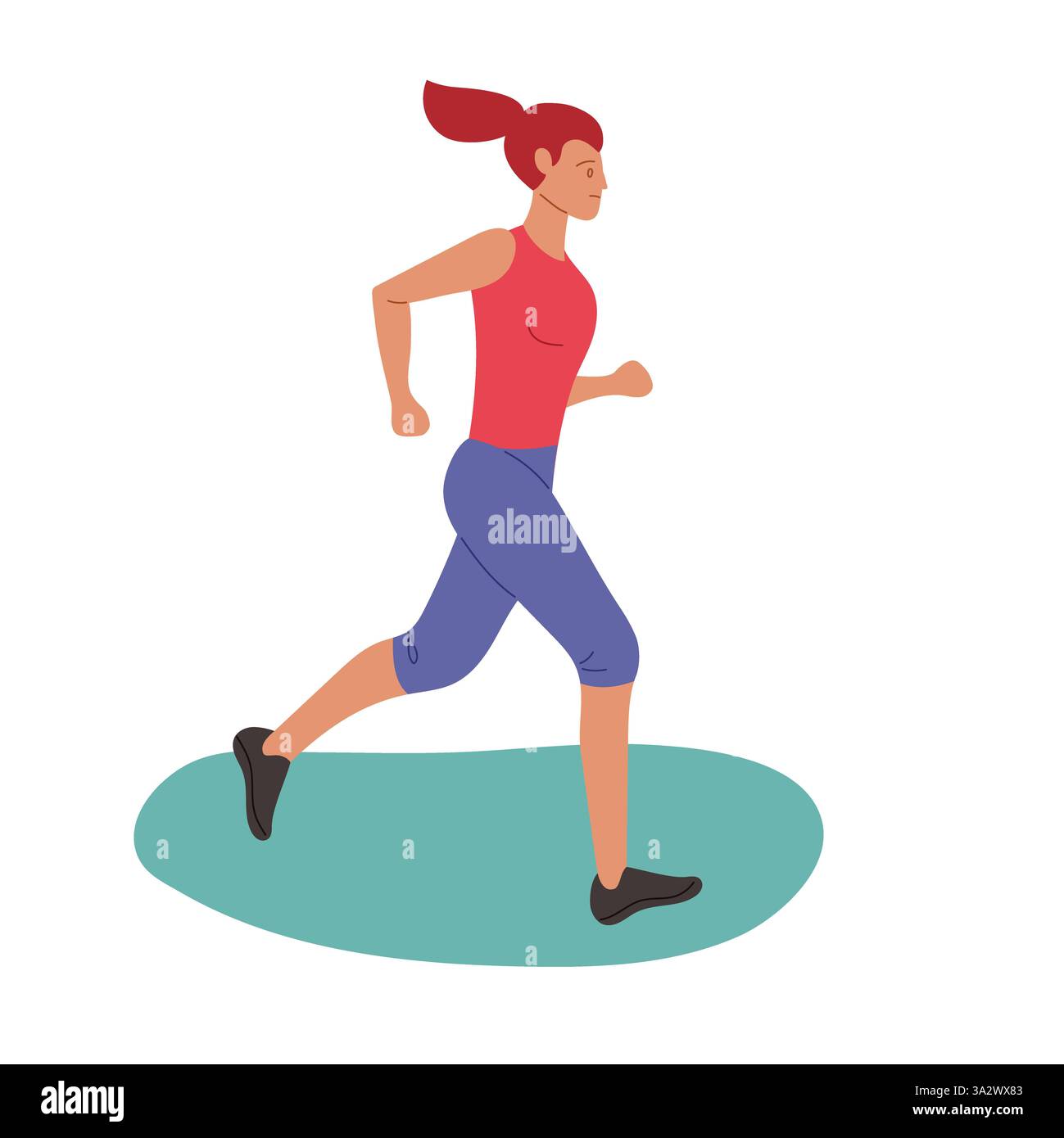 Une femme faisant du jogging sur un fond bleu vif pendant une journée ensoleillée, portant des vêtements d'activité pour l'exercice Banque D'Images