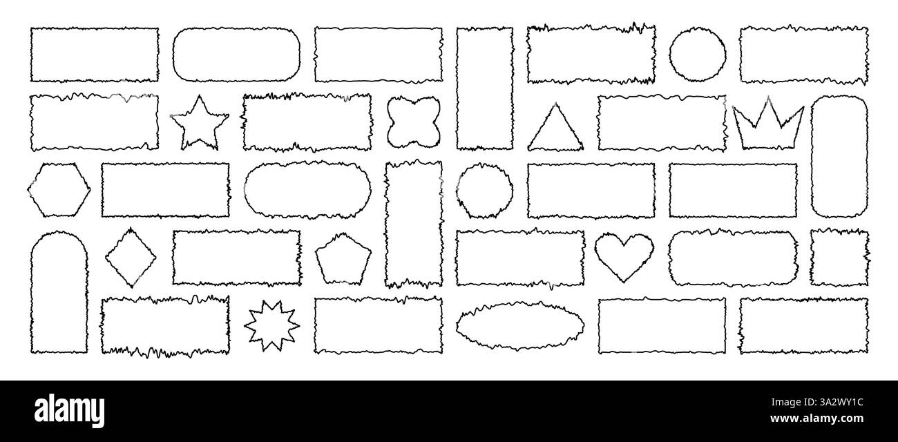 Ensemble de formes rectangulaires dentelées. Délimiter les cadres grunge noirs. Ensemble d'éléments abstraits texturés pour collage, zone de texte, bannière, autocollant. Vecteur Illustration de Vecteur