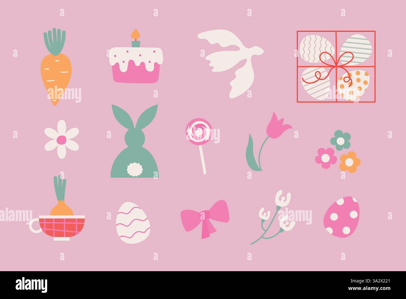 Œufs de Pâques mignons simples, colombe de la paix, lapin, fleurs. Illustrations de Pâques vectorielles de dessin animé pour autocollants, éléments décoratifs, carte, invitation. Illustration de Vecteur
