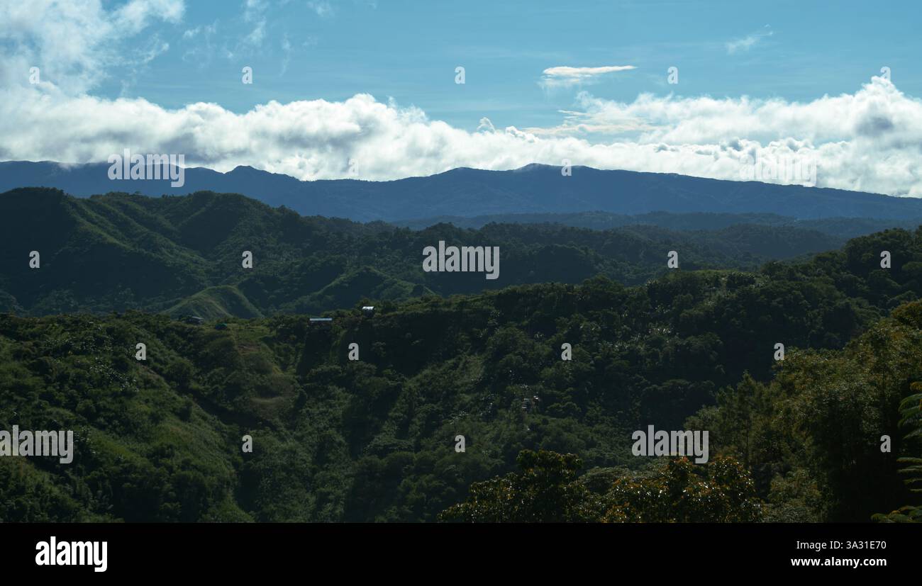 Montagnes couvertes de forêt et collines sous un ciel bleu clair à Treasure Mountain, Tanay. Banque D'Images