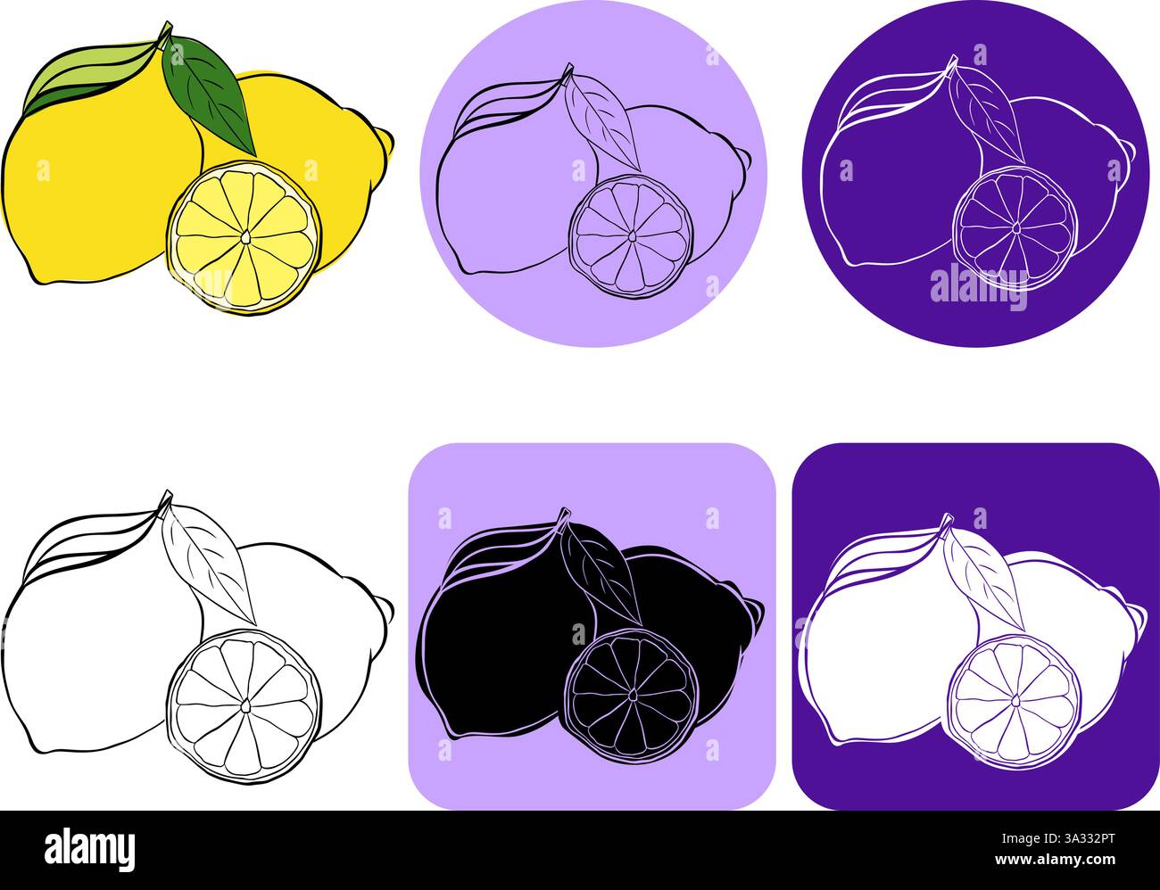 Logo vectoriel citrons entiers et coupés avec des feuilles. Ligne graphique encre décorative fruité citron composition de nature morte, pour vos affaires, web, paquet, autocollant Illustration de Vecteur