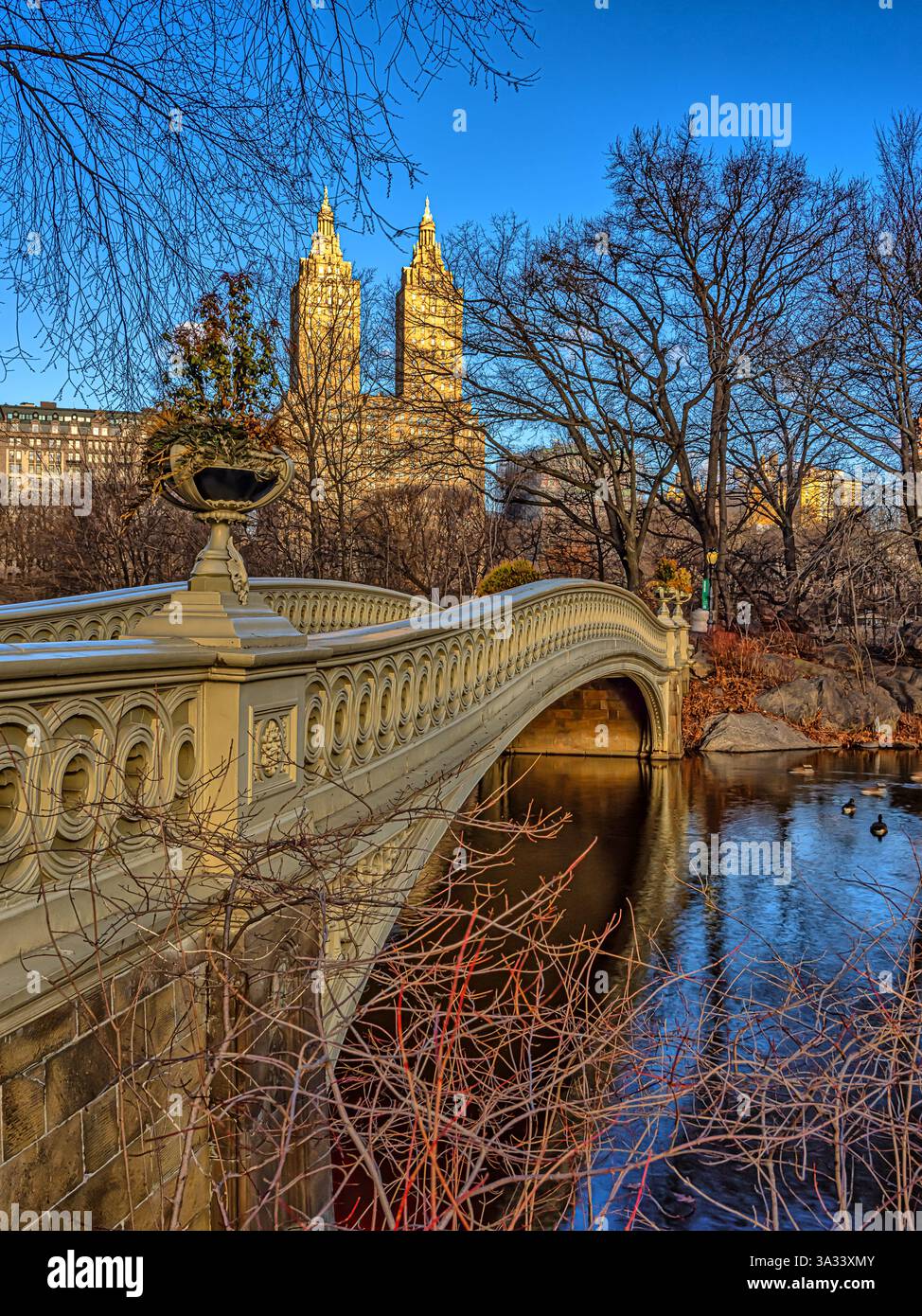 Bow Bridge, Central Park, New York City en hiver tôt le matin au lac Banque D'Images