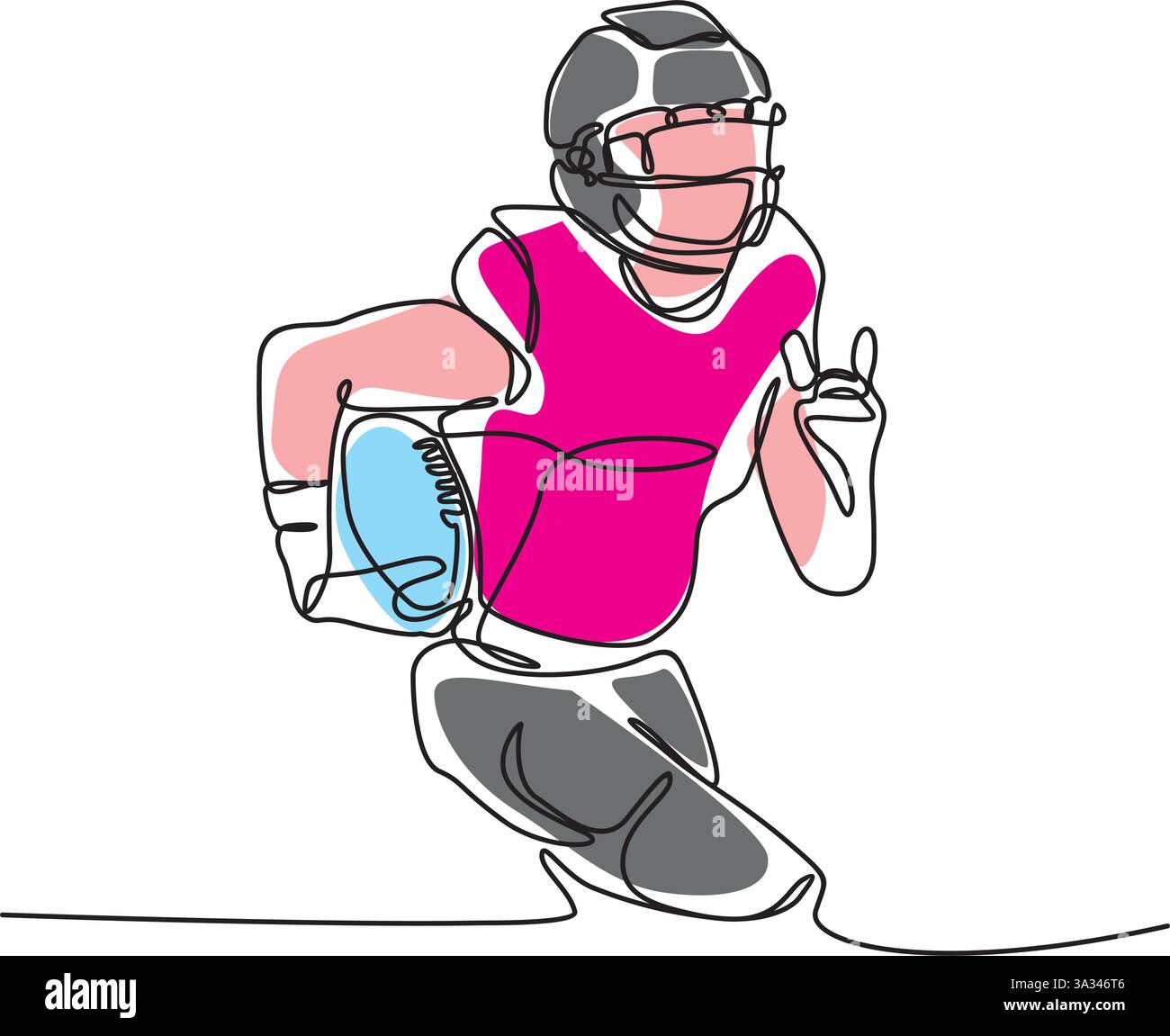 Joueur de football de mouvement fonctionnant avec la balle américaine avec une ligne continue, art de ligne humaine avec des formes de couleur de ping, vecteur Illustration de Vecteur