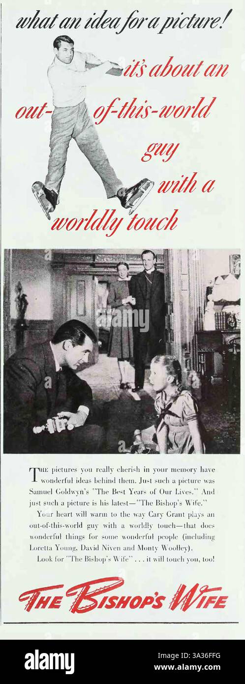 1948 annonce imprimée pour le film 1947 The Bishop's Wife, film américain de Noël romantique fantastique réalisé par Henry Koster, mettant en vedette Cary Grant, Loretta Young et David Nive Banque D'Images