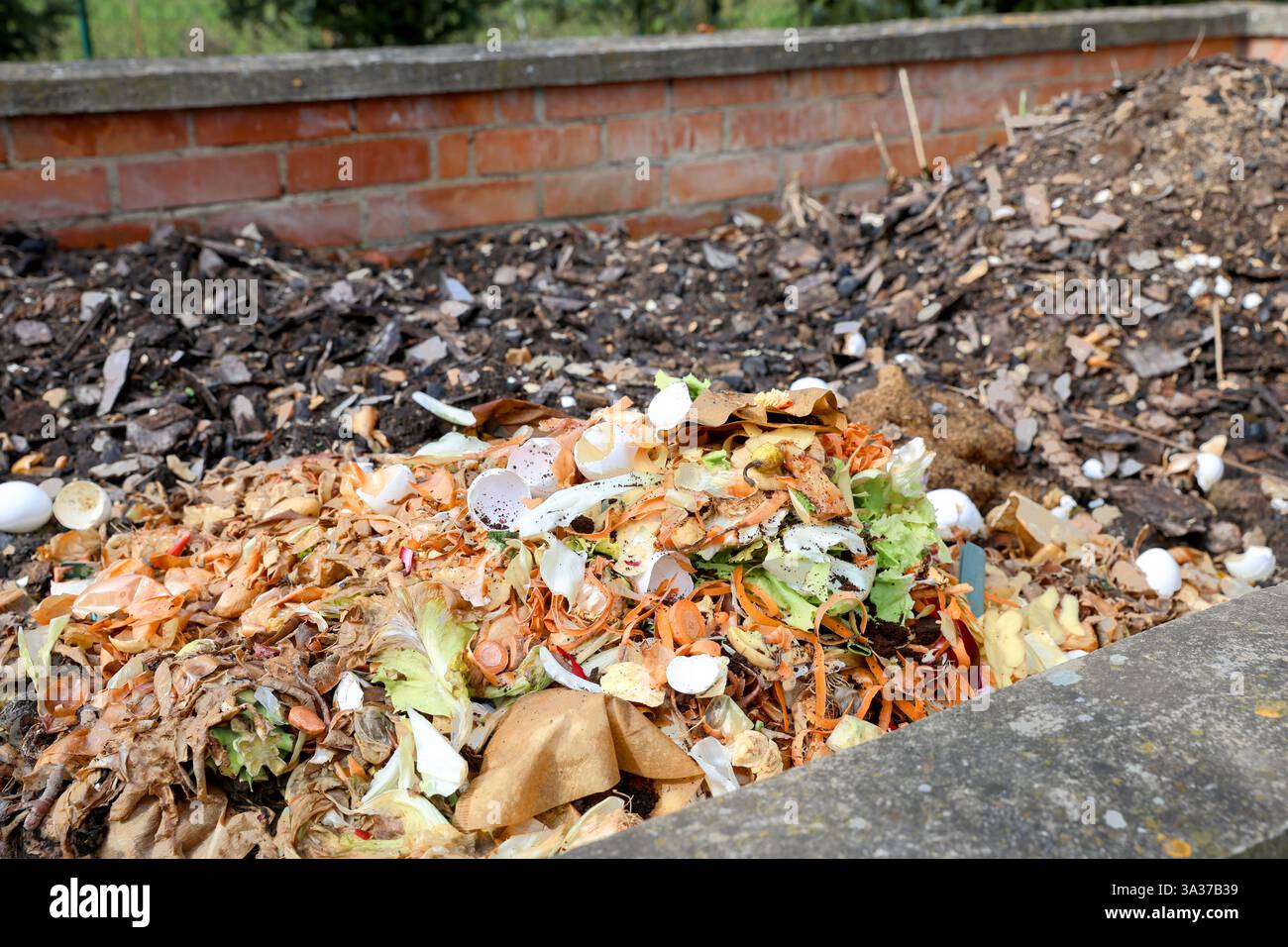 Gros tas de compost en briques en différentes étapes Banque D'Images