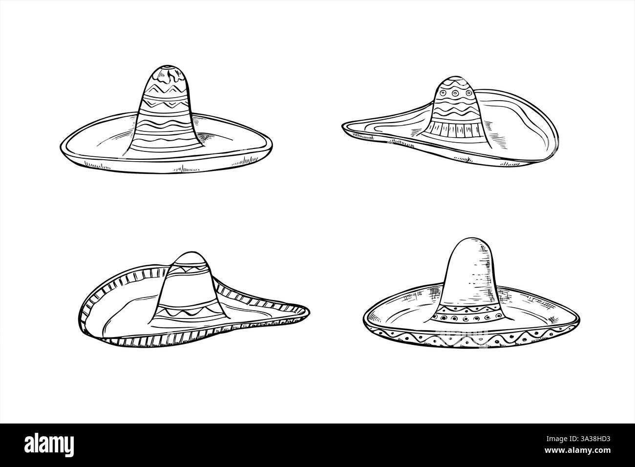 Sombreros mexicains avec différents motifs clip art line art dessin à l'encre noire. Natif traditionnel hates décoré Set illustration isolée vectorielle. Illustration de Vecteur