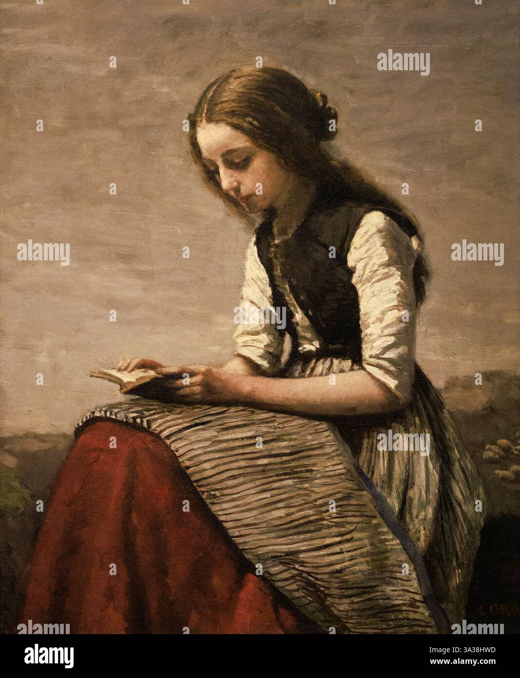 Jean Baptiste Camille Corot peinture ; Camille Corot Girl Reading ; 1850-55 ; portrait d'une femme du XIXe siècle ; Oskar Reinhart Collection huile sur toile Banque D'Images