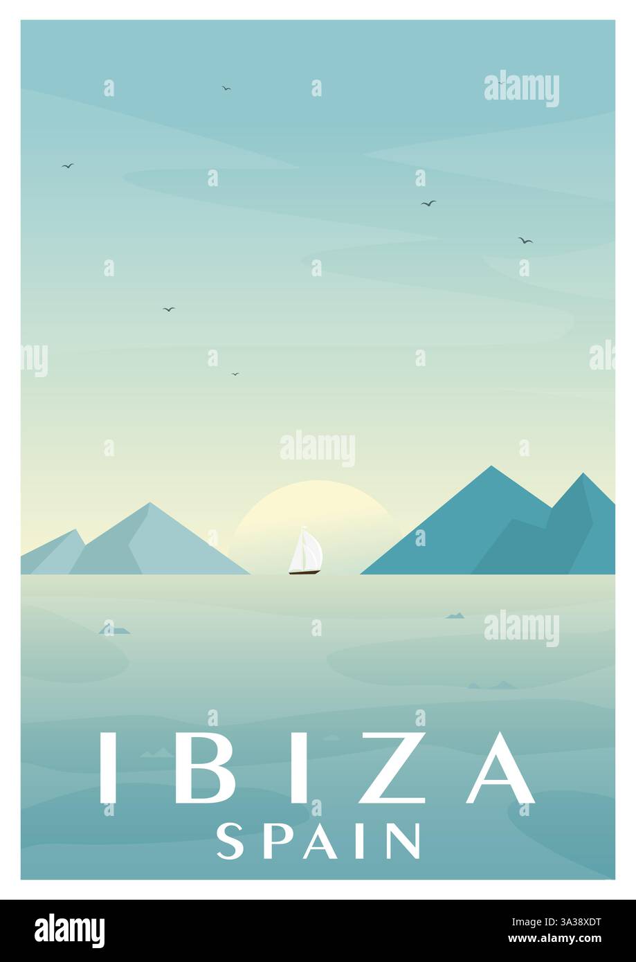 Illustration vectorielle des îles méditerranéennes. Affiche de voyage vintage Ibiza Espagne, station tropicale, plage. Mer et montagnes près de l'Espagne. Îles Baléares n Illustration de Vecteur