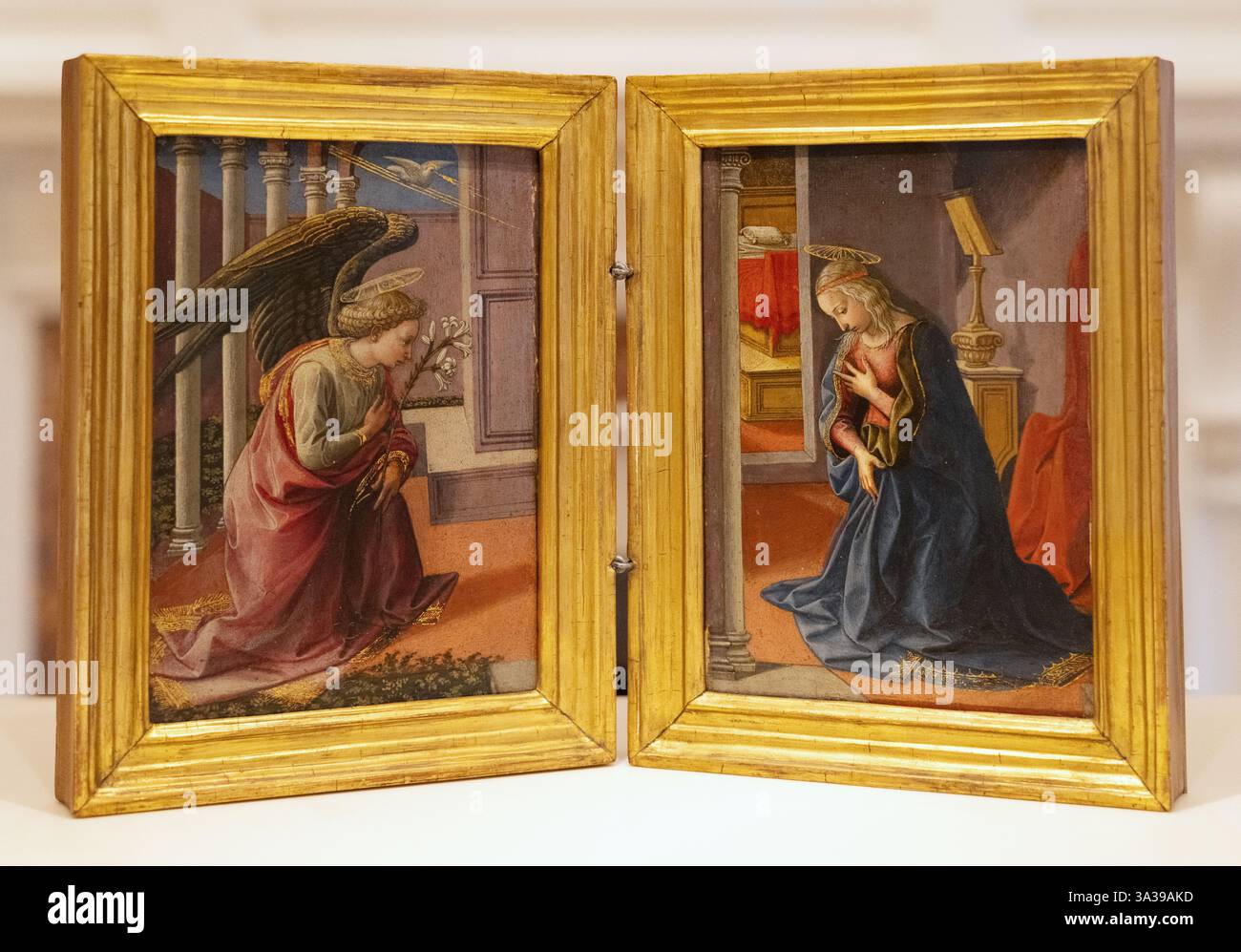 Francesco di Stefano aka. Pesellino peinture ; Francesco di Stefano ; 'L'Annonciation' c. 1450-55, illustration de diptyque de la Renaissance italienne du XVe siècle Banque D'Images