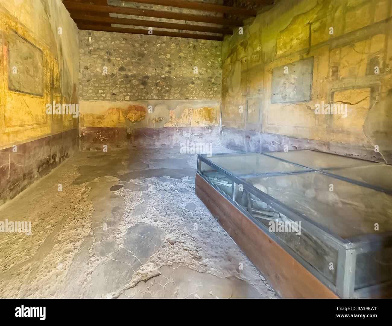 Pompéi, Campanie, Italie - 6 juillet 2024 : ruines de la ville romaine antique. Casa del Menandro. Crânes et os comme restes humains récupérés Banque D'Images